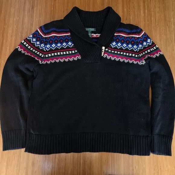 Lauren Ralph Lauren Cotton Sweater Black Shawl Fair Isle Nordic Design Toggle XL - Picture 7 of 9